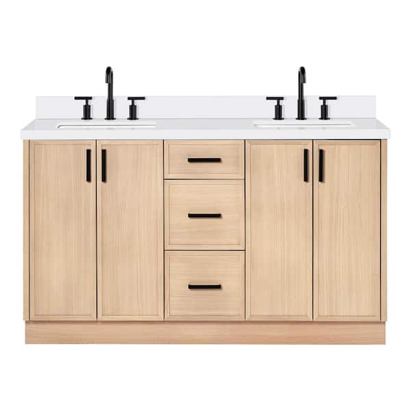 Kelly 61 in. W x 22 in. D x 36 in. H Double Bath Vanity in Oak with Pure White Quartz Top