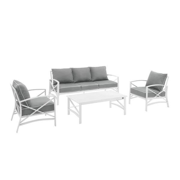 CROSLEY FURNITURE Kaplan White 4-Piece Metal Patio Conversation Set with Gray Cushions