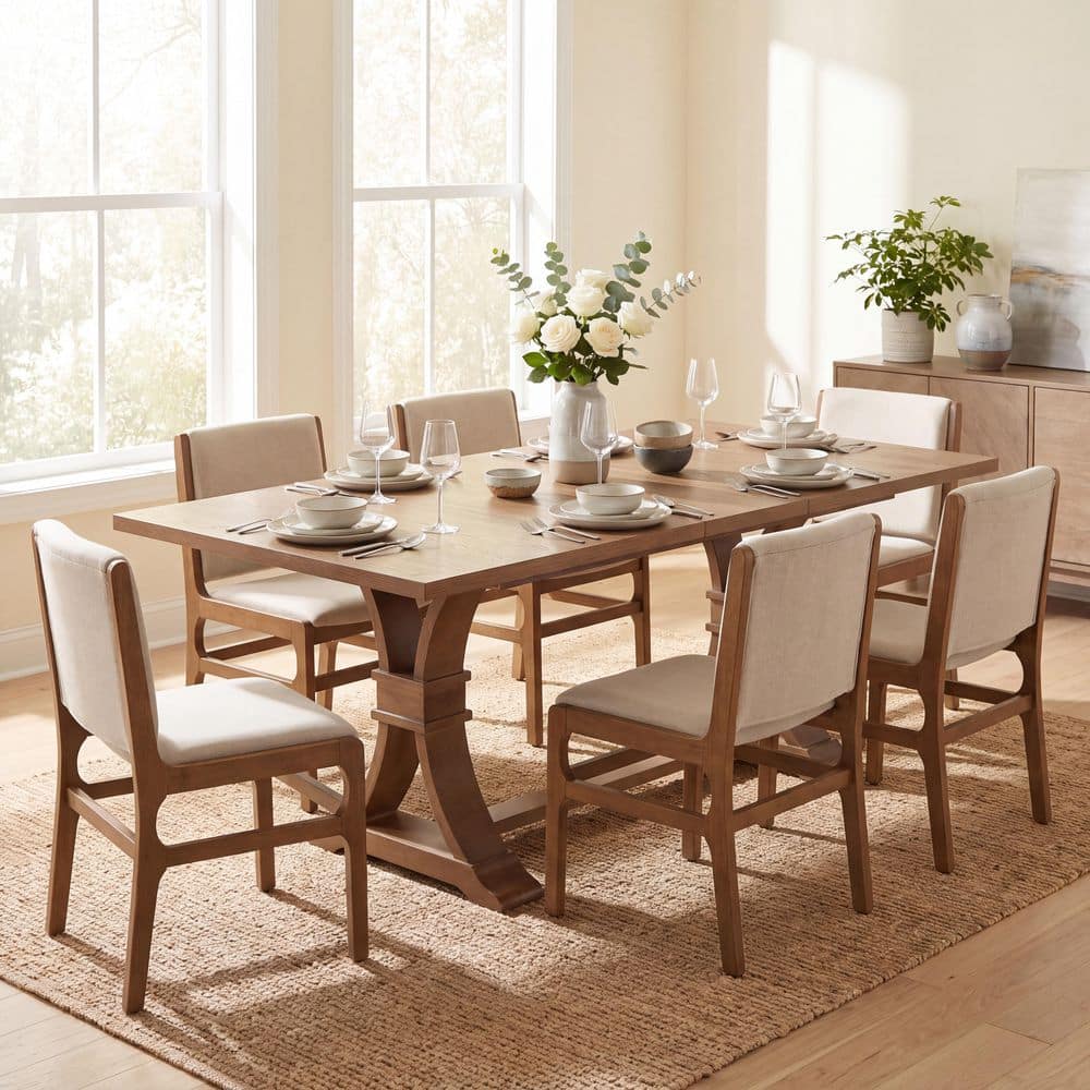 7-Piece Walnut Wood Top Dining Set with Rectangle Dining Table, Wheat Fabric Upholstered Dining Chairs, Seats 6
