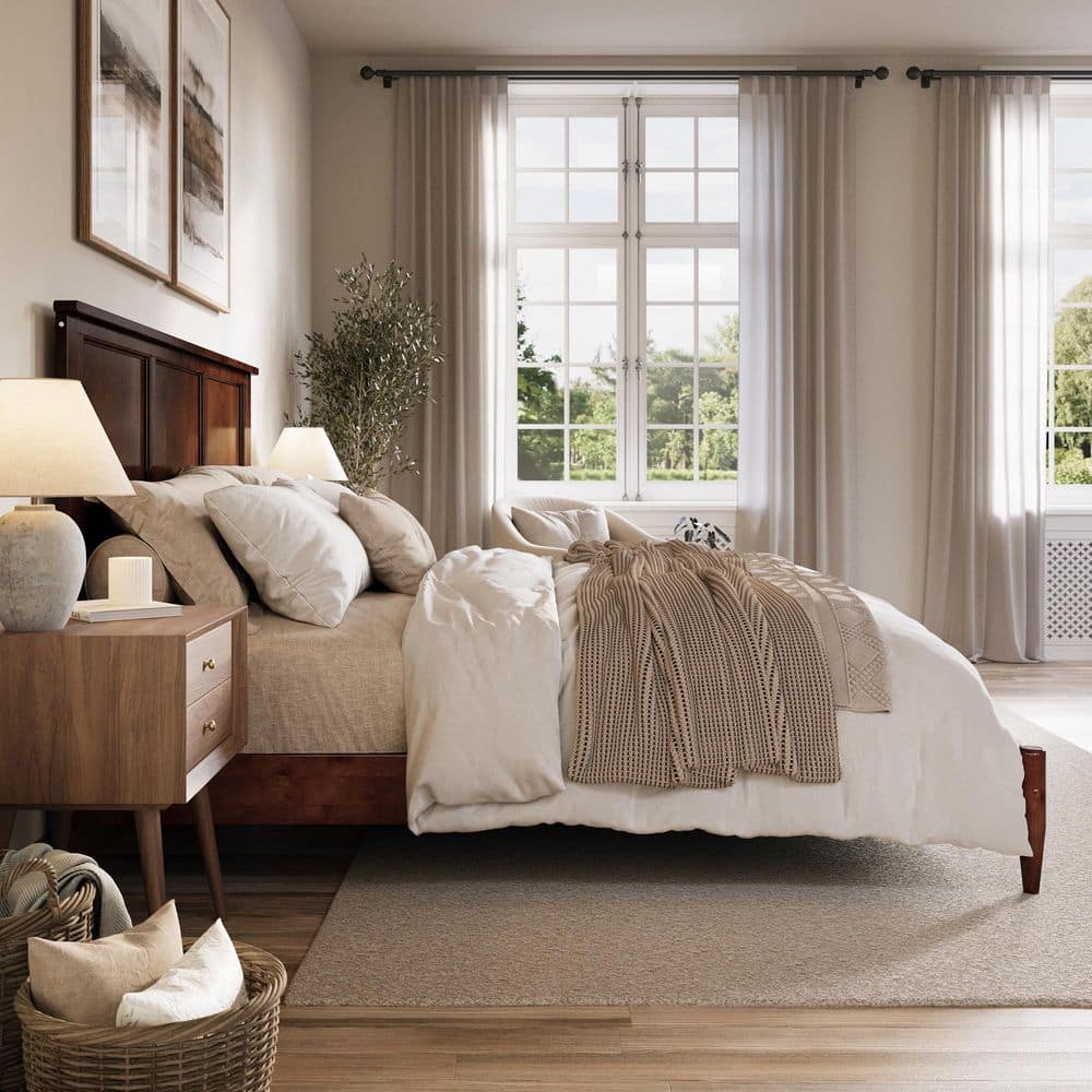 Charlotte Walnut King Solid Wood Low Profile Platform Bed