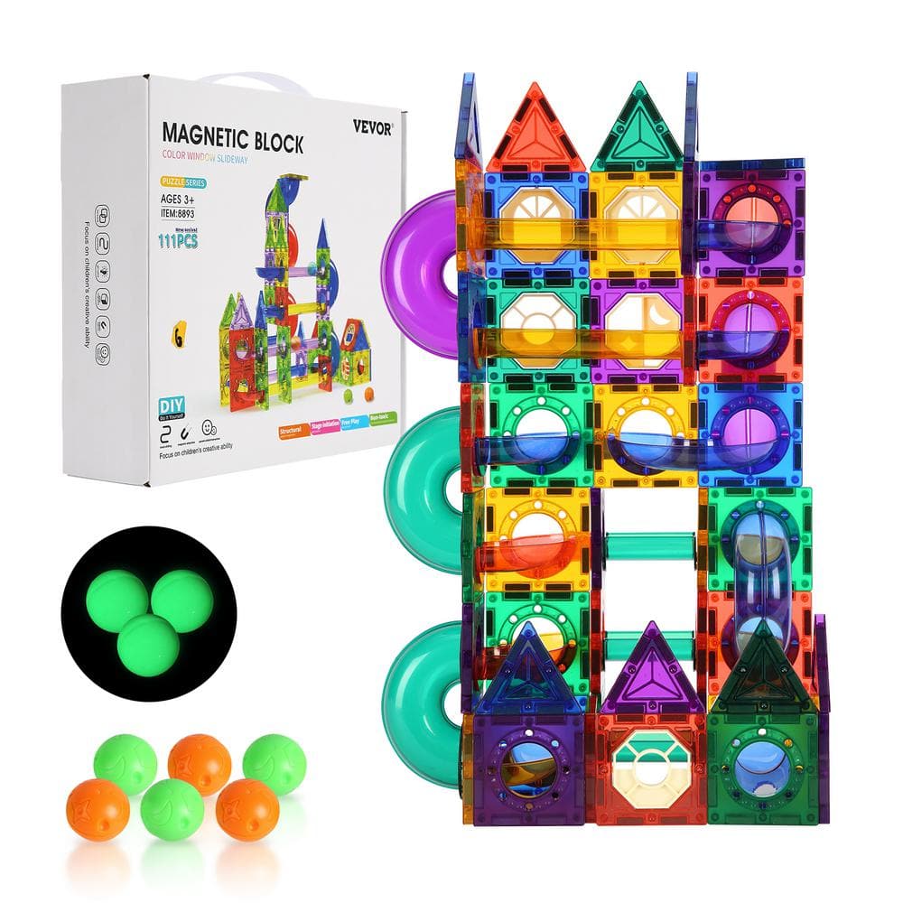 VEVOR Magnetic Tiles Marble Run 111-Piece, Magnetic STEM Construction Race Track Tile Game Kit, for Kids Ages 3-Plus Years Old