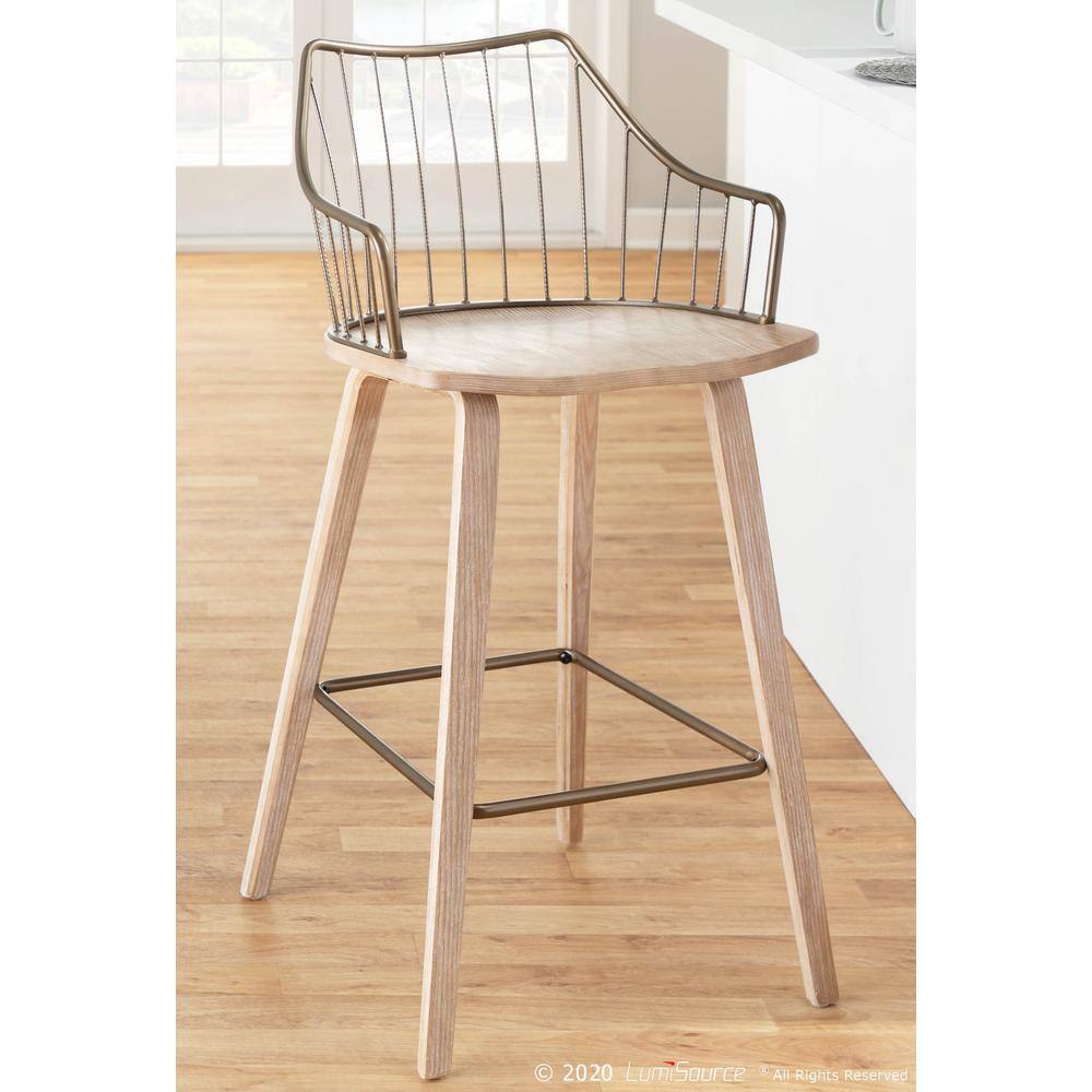 Beige Transitional Wood and Metal Swivel Counter Stool