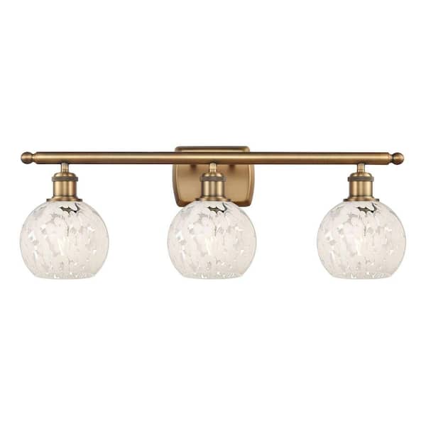 White Mouchette 26 in. 3-Light Brushed Brass Vanity Light with Glass Shade