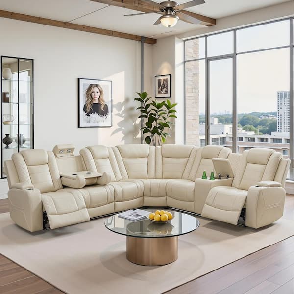 210 in. Overall Straight Arm Leather L-Shape Recliner Sofa Set in Beige, 6 Seats Sectional with USB, Wireless Charging