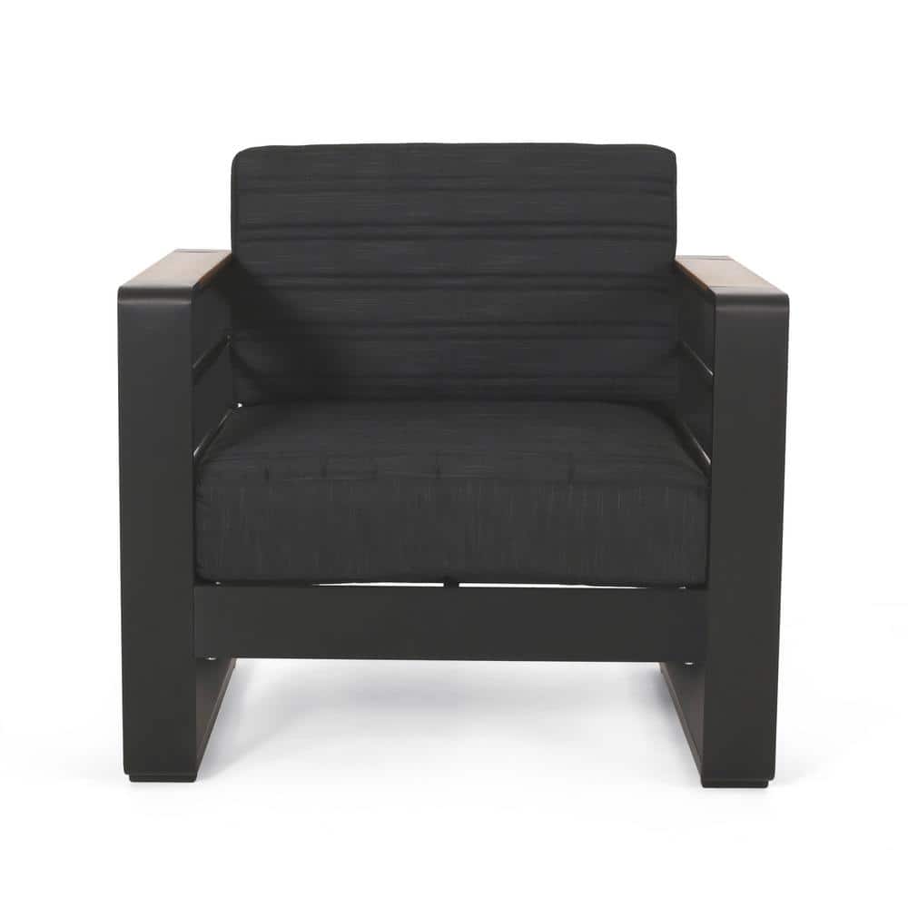 Black Aluminum Metal Outdoor Lounge Chair with Black Cushions