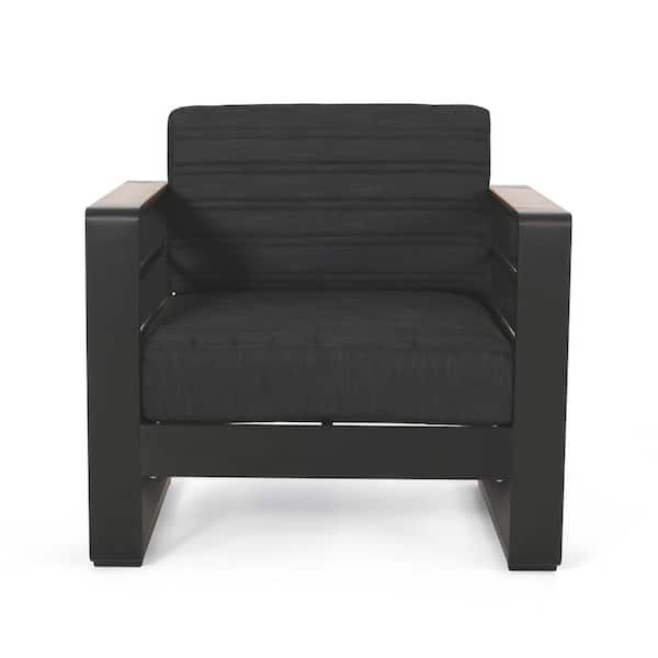 Unbranded Black Aluminum Metal Outdoor Lounge Chair with Black Cushions