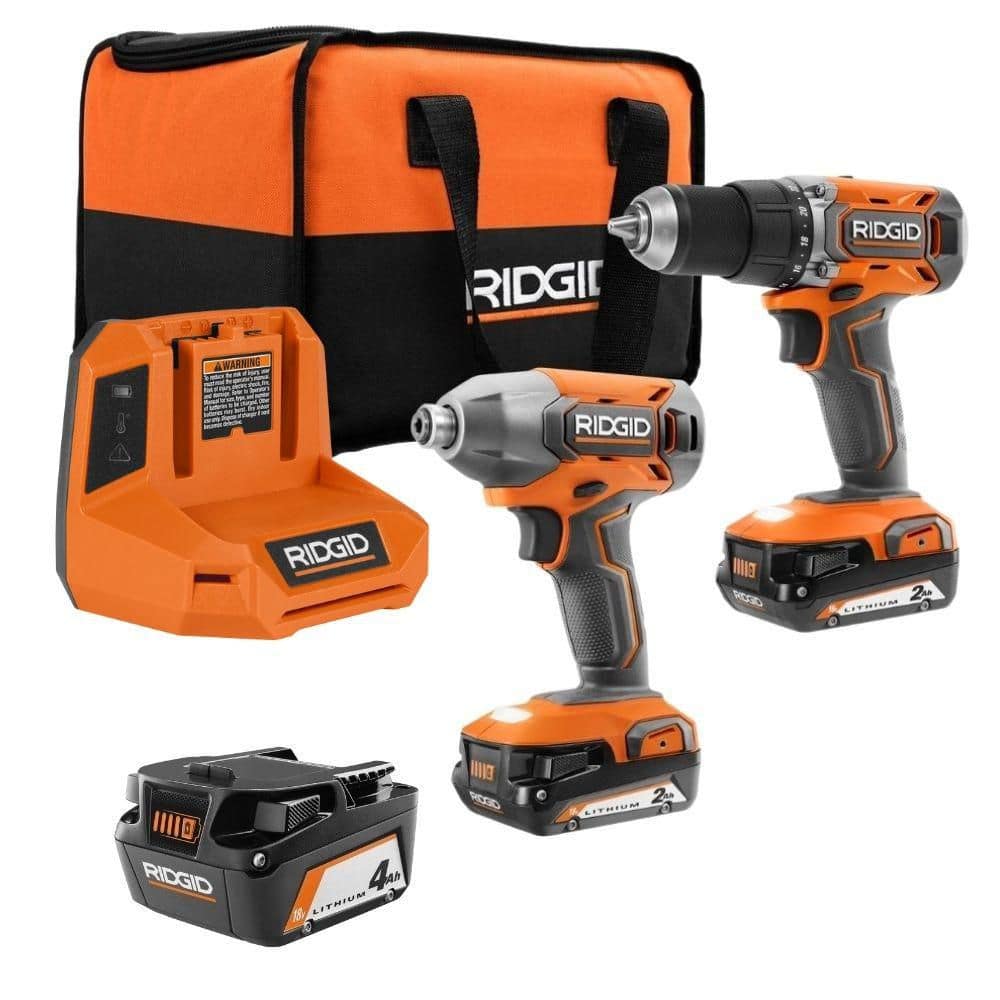 Ridgid 18V Cordless 2-Tool Combo Kit with 1/2 in. Drill/Driver, 1/4 in. Impact Driver, (3) Batteries, Charger, and Bag