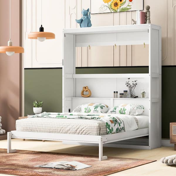 White Wood Frame Queen Size Murphy Bed, Wall Bed with Shelves, Folded into a Cabinet