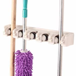 White Broom Holder Wall Mount Mop Organizer with 4 Clips And 5 Hooks