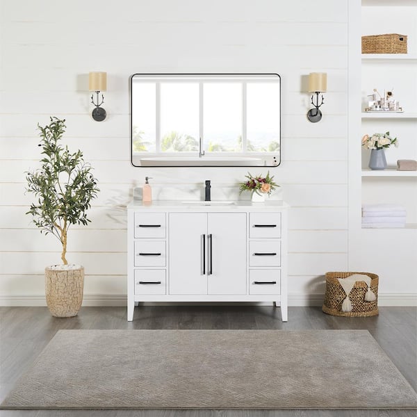 Altair Laurel 48 in. W x 22 in. D x 34 in. H Single Sink Bath Vanity in White with Calacatta White Quartz Top and Mirror