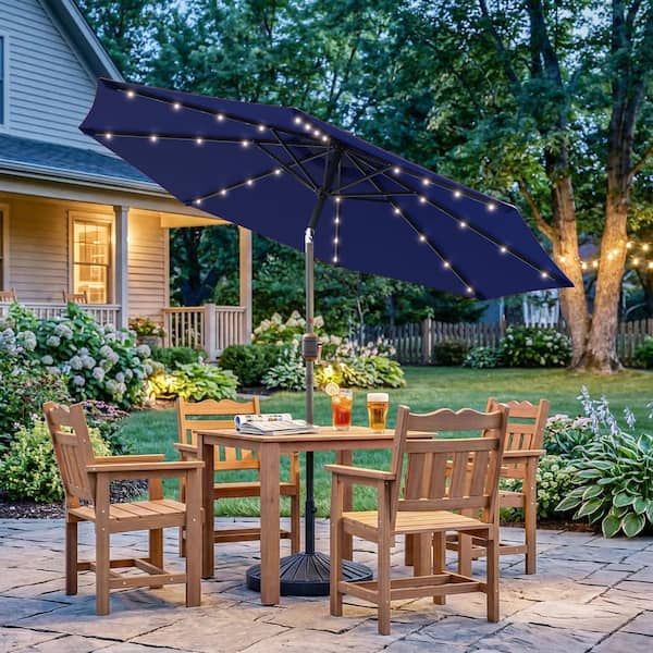 9ft outdoor patio umbrella Sonkuki 9 ft. Solar Lighted LED Outdoor Patio Market Table Umbrella in Navy Blue, UV-Resistant Canopy and Tilt Button
