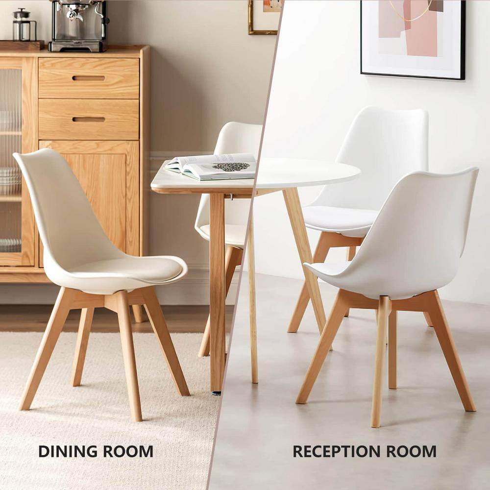 Set of 4 White Faux Leather Upholstered Dining Side Chairs with Wood Legs