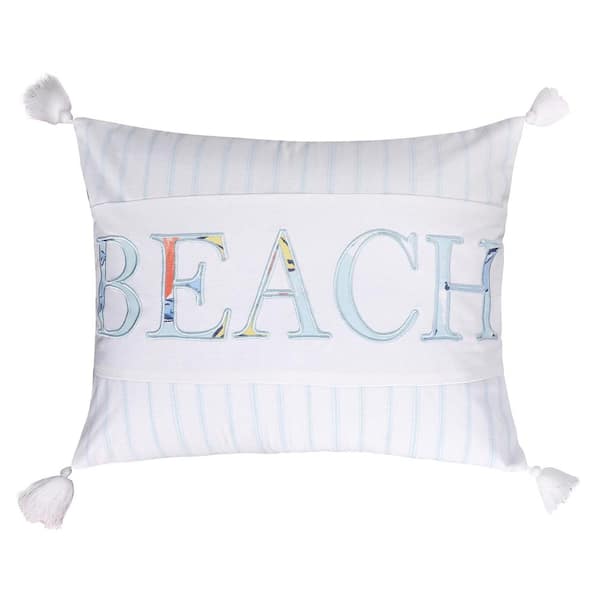 LEVTEX HOME Sancti Petri Blue and White Stripe "Beach" Appliqued 14 in. x 18 in. Throw Pillow