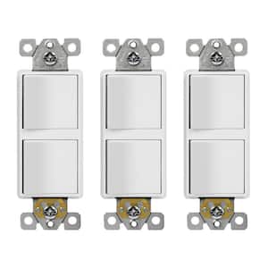 15A 120V-277VAC Double Paddle Rocker Decorator Light Switch, Single Pole, Residential/Commercial Grade in White (3-Pack)