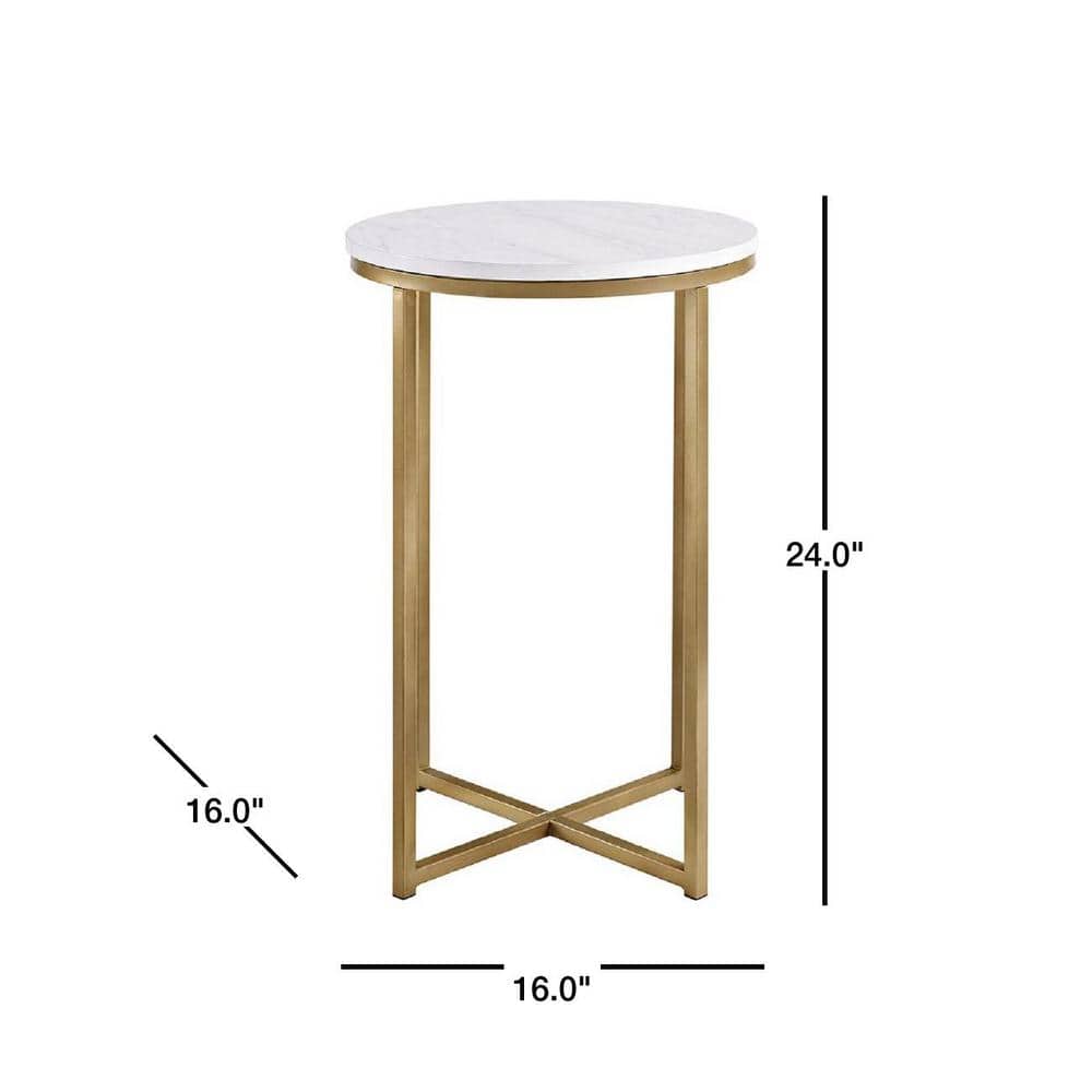 16" White Faux Marble and Gold Round End Table