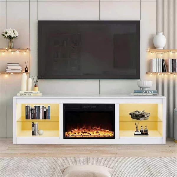 IHOMEadore 66 in. White Freestanding TV Stand Fits TVs Up to 75 in