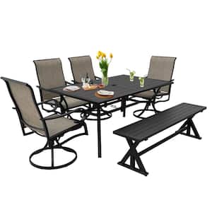6-Piece Metal Outdoor Dining Set with Bench, Includes 4 Patio Swivel Chairs, 1 Garden Bench and 1 Rectangle Dining Table