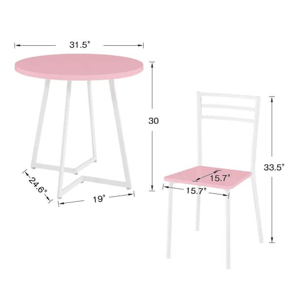 Round Dining Table Set (3-Piece) Modern Wood Tabletop and Metal Frame Ideal for Kitchen Set or Breakfast Nook, Pink