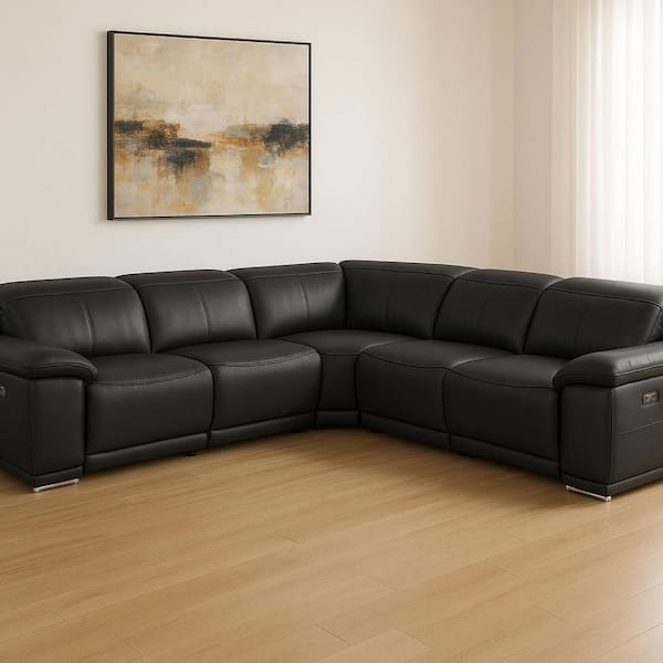 110.00 in. Flared Arm 5 piece Leather L-Shaped Sectional Sofa in. Black