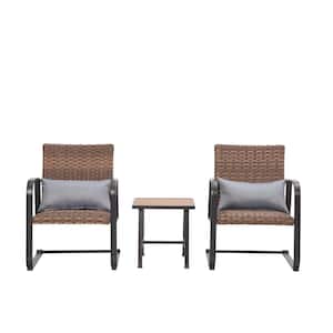 Black and Brown 3-Piece Metal Outdoor Patio Conversation Set Group with Gray Pillows
