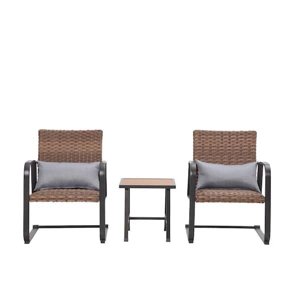 Unbranded Black and Brown 3-Piece Metal Outdoor Patio Conversation Set Group with Gray Pillows