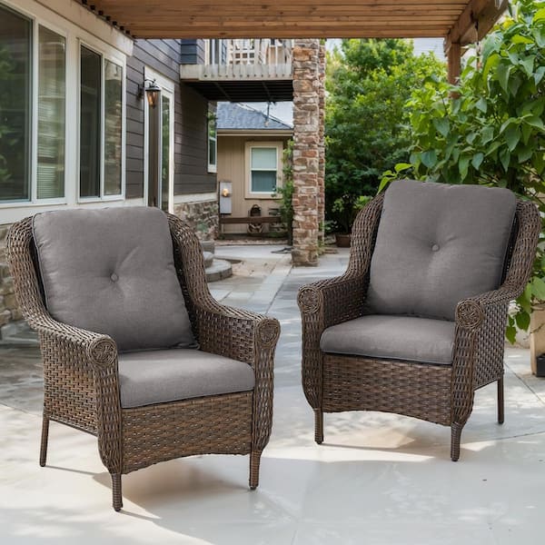 moosprr Patio Brown Wicker Outdoor Lounge Chair with Gray Cushions and Chrysanthemum Armrest (2-Pack)