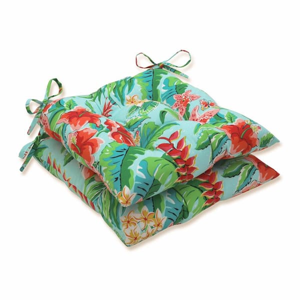Pillow Perfect Floral 19 x 19 2-Piece Outdoor Dining chair Cushion in Blue/Green Tropical Paradise