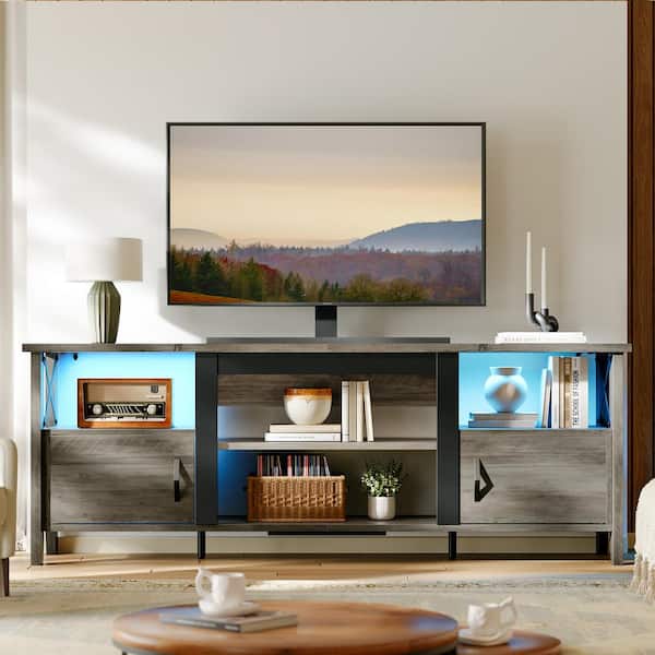 63 in. Grey TV Stand FIts TV's Up to 70 in. LED Entertainment Center with Adjustable Shelve and Cabinet