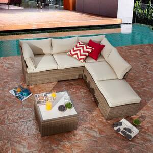 4-Piece Wicker Outdoor Sectional Set with Beige Cushions