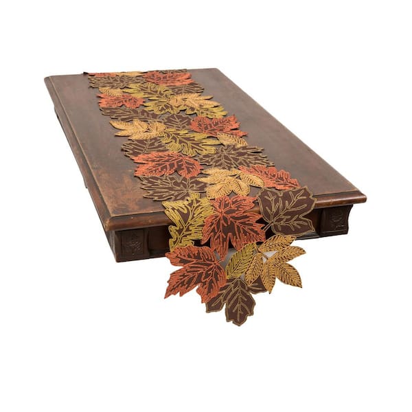 Photo 1 of 0.1 in. H x 15 in. W x 90 in. D Autumn Leaves Embroidered Cutwork Table Runner in Brown