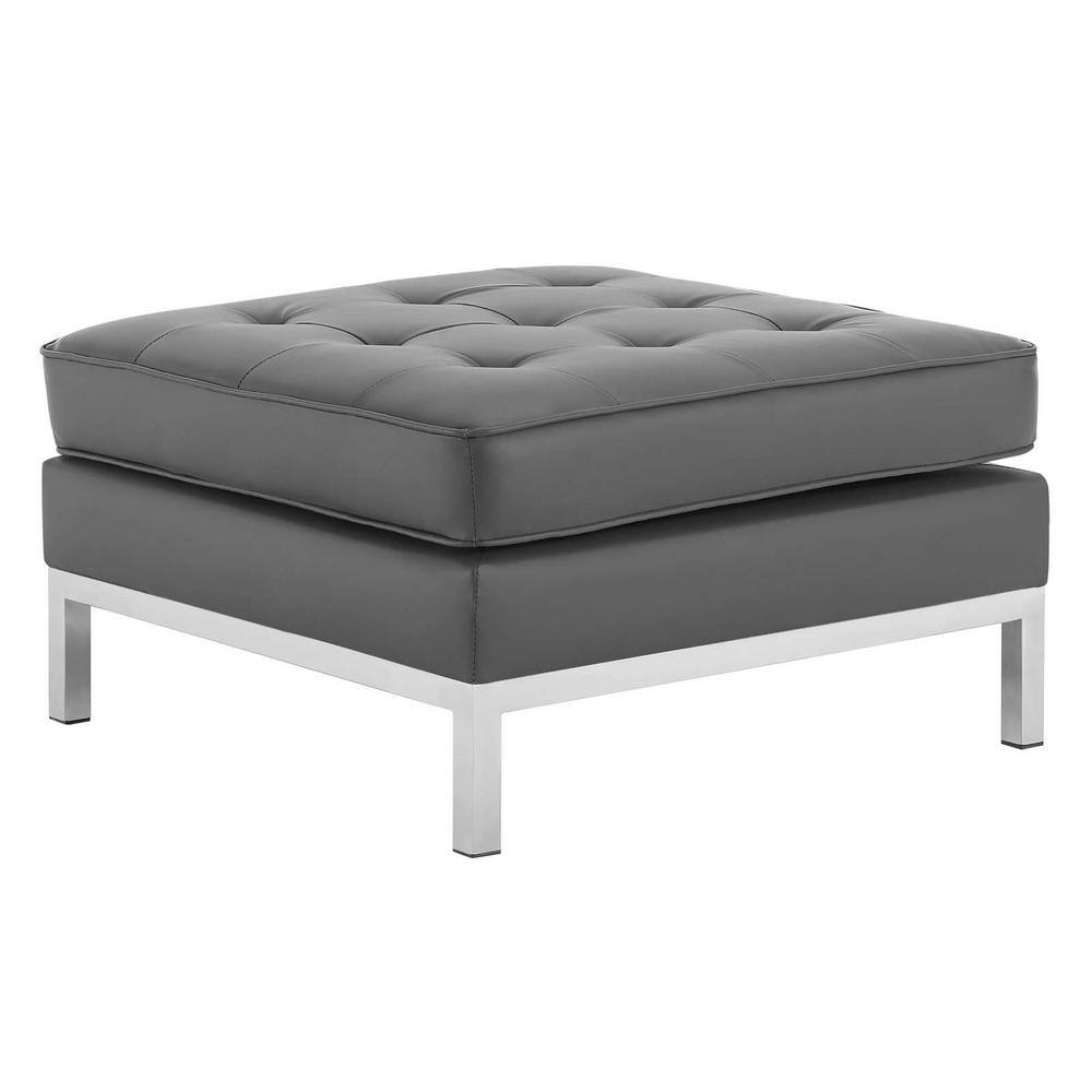 Loft Silver Gray Tufted Faux Leather Ottoman with Stainless Steel Legs