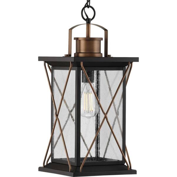 Progress Lighting Barlowe Collection 1-Light Antique Bronze Clear Seeded Glass Farmhouse Outdoor Hanging Lantern Light