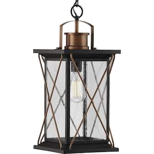 Barlowe Collection 1-Light Antique Bronze Clear Seeded Glass Farmhouse Outdoor Hanging Lantern Light