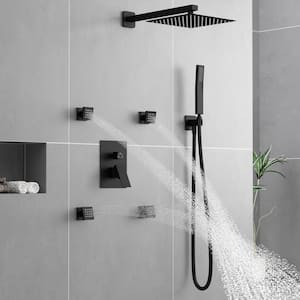 3-Spray Patterns with 2.5 GPM 10 in. Wall Mount Dual Shower Heads With 4 Body Shower Spray Jets and Valve in Black
