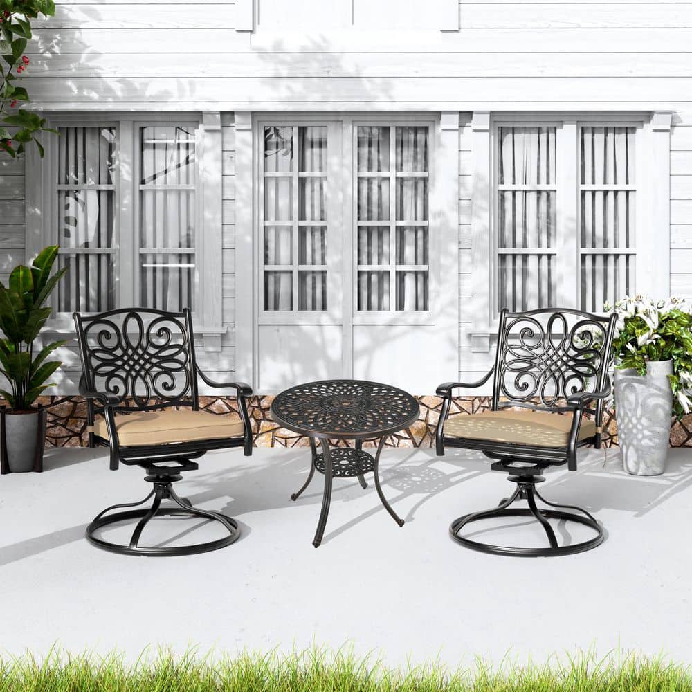 3-Piece Cast Aluminum Outdoor Bistro Set with Round Patio Table with Umbrella Hole and Swivel Chairs with Brown Cushions price history on PriceWatchPro