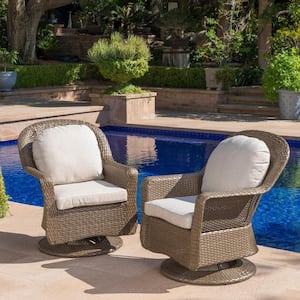 2-Piece Brown Wicker Outdoor Lounge Chair with Beige Cushions