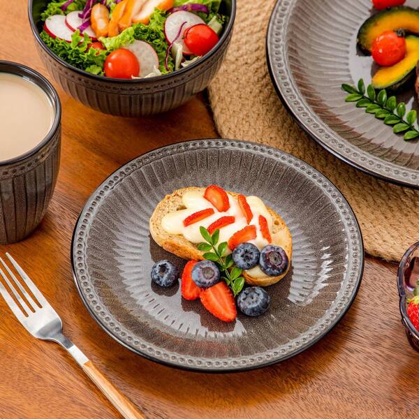 vancasso 16-Piece Dark Brown Porcelain Dinnerware Set Service for 4-Bowls  and Plates Dinner Set Embossed Dots Pattern Tableware ELIGA-BN-SL