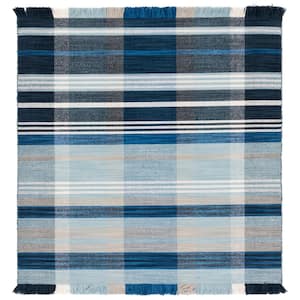 Striped Kilim Navy Charcoal 6 ft. x 6 ft. Plaid Striped Square Area Rug