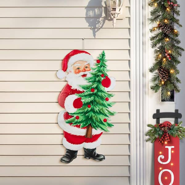 Glitzhome 36 in. H Christmas Metal Santa with Tree Yard Stake