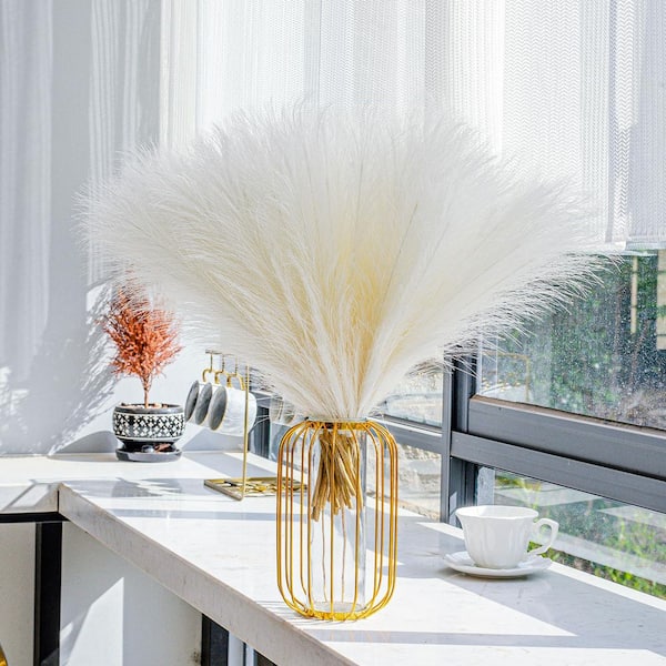 2.05 in. White Artificial Plant Pampas Grass 10 Pieces Fluffy Faux Boho Decor for Vase Wedding Home Arrangement 59B1124C1605