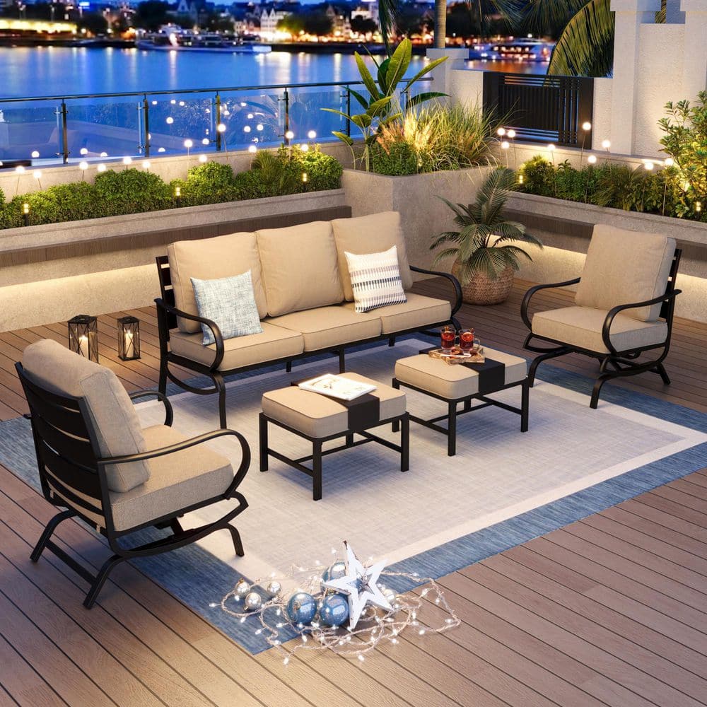 Black 5-Piece Metal Slatted 7-Seat Outdoor Patio Conversation Set with Beige Cushions 2 Motion Chairs and 2 Ottomans