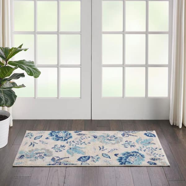 Tranquil Ivory/Light doormat 2 ft. x 4 ft. Floral Modern Kitchen Area Rug