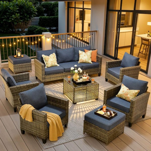 New Vultros Gray 8-Piece Wicker Outdoor Sectional Set with Denim Blue Cushions and Solar LED Coffee Table