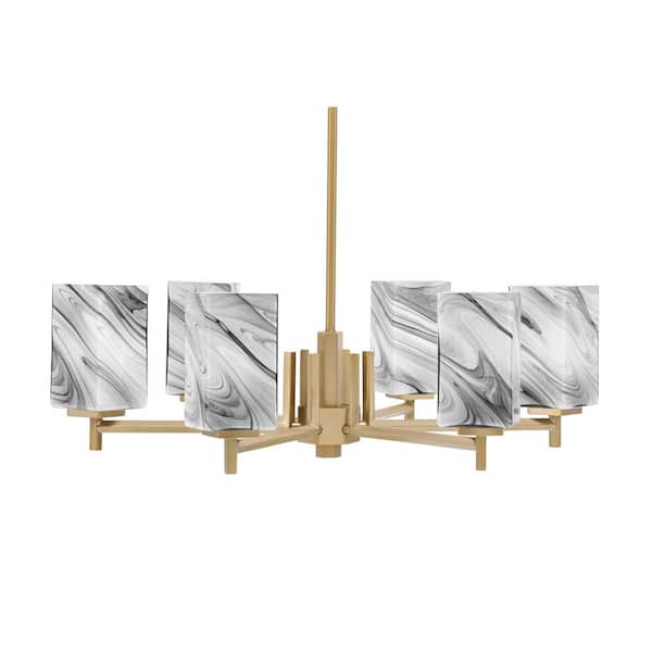 Unbranded Bridgewater 24.5 in. 6-Light New Age Brass Chandelier with 3.5 in. Quare Onyx Swirl Glass Shades, No Bulbs Included