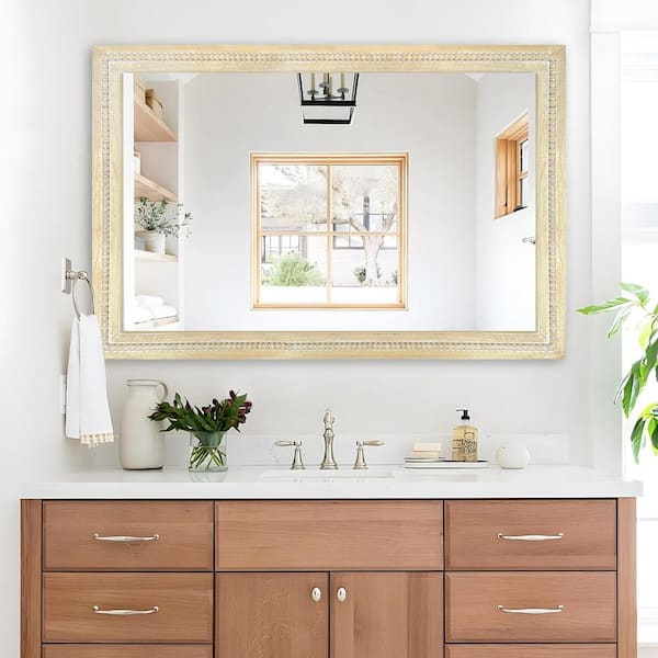 28 in. W x 48 in. H Bohemian Carved Beaded Rectangular Wood Frame Wall Mirror Decorative Mirror