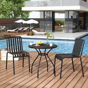 Round Patio Bistro Table, Outdoor Metal Dining Table with Umbrella Hole, Outdoor Table for Backyard Lawn Pool, Black