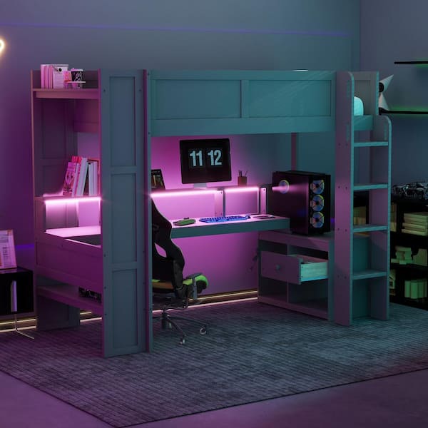 Dark Gray Twin Gaming Loft Bed with Desk, LED Strip and Charging Station