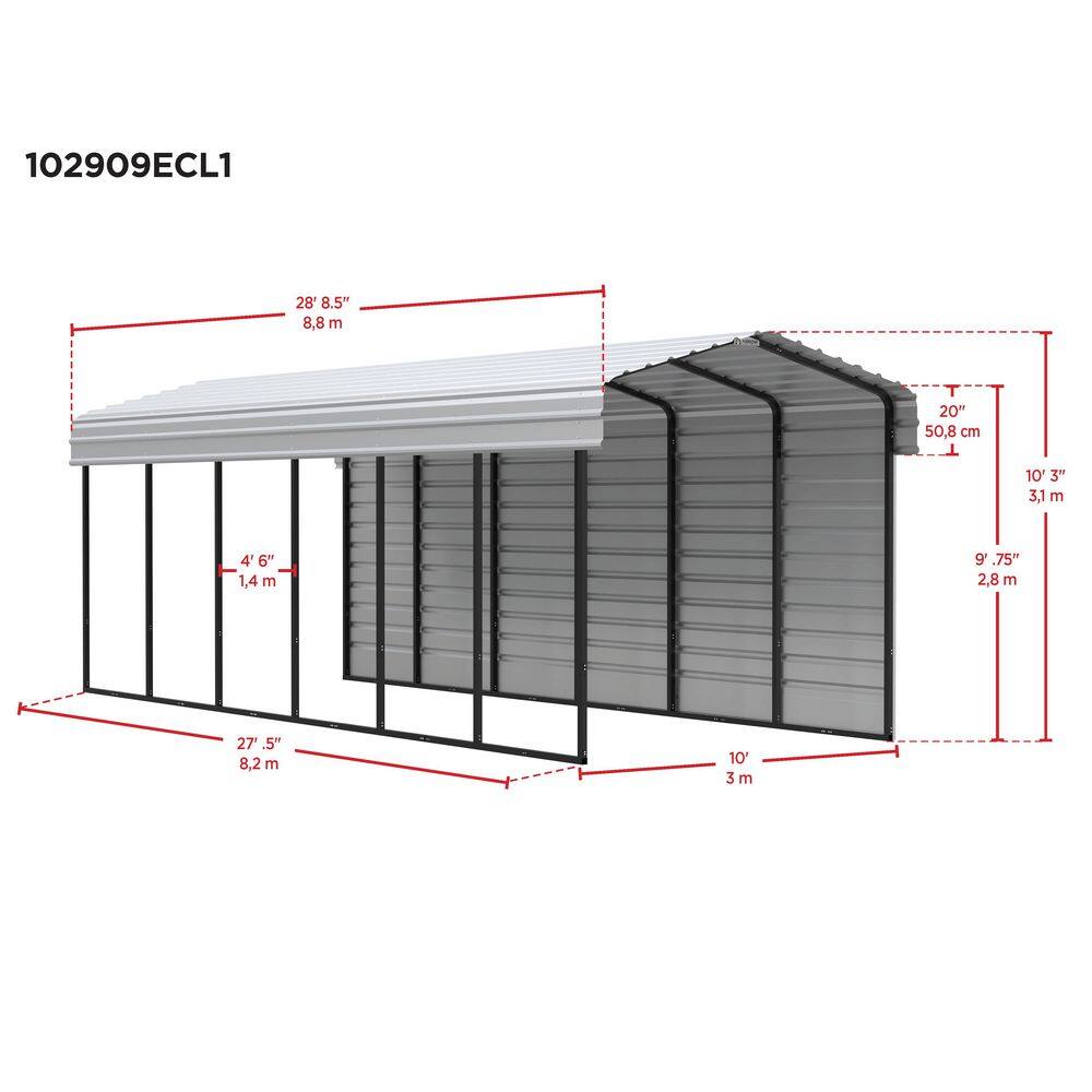 Charcoal Steel Peak Carport Kit with Enclosure, 10' x 29'
