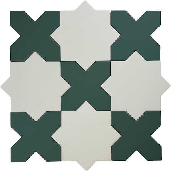 Seville Pure White 7" Star with Sage Green 5" Cross Matte Porcelain Wall and Floor Sample Tile (0.51 sq ft)