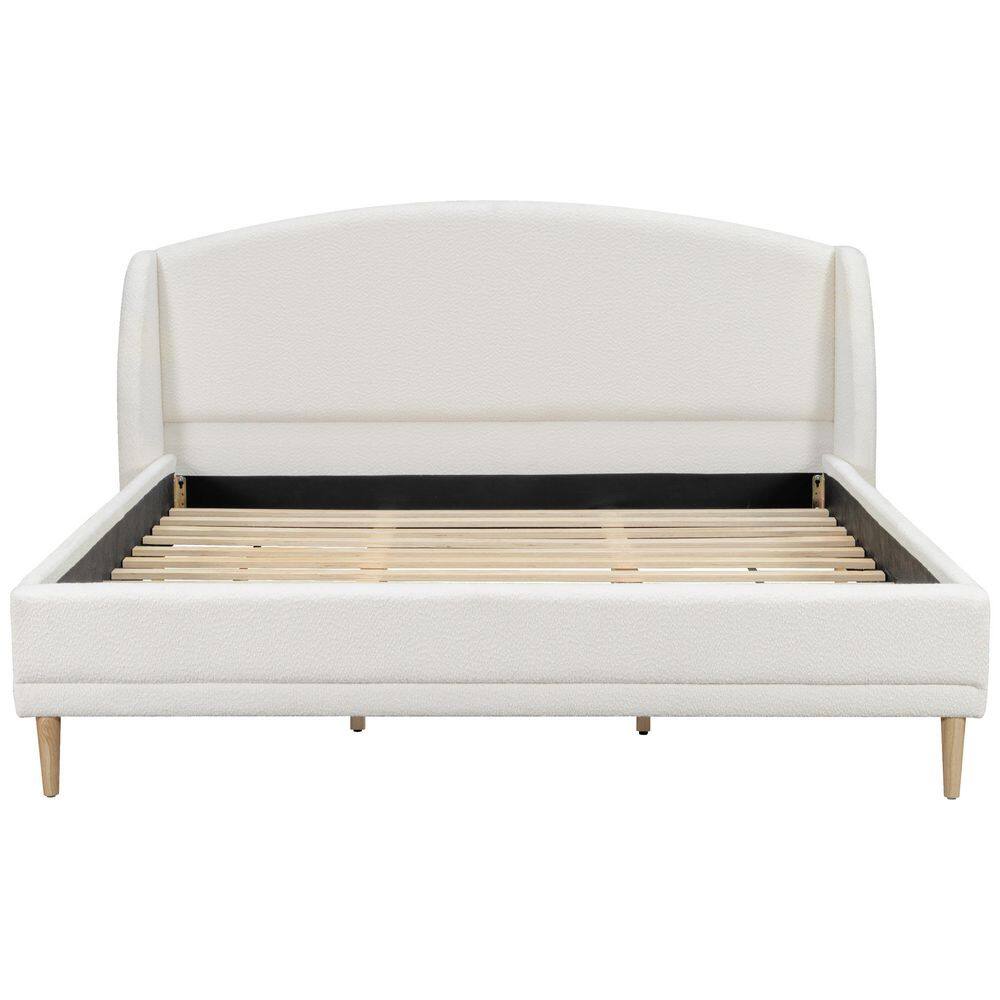 White Wood Frame King Size Boucle Fabric Upholstered Platform Bed with Wingback Headboard, Rounded Corners - thumbnail 5